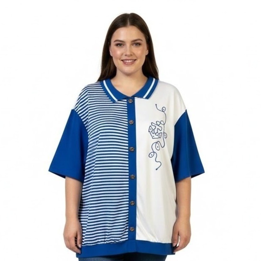 VTG Aileen Too Shirt Top 1X Blue White Mixed Print Short Sleeve Embroidered Boho